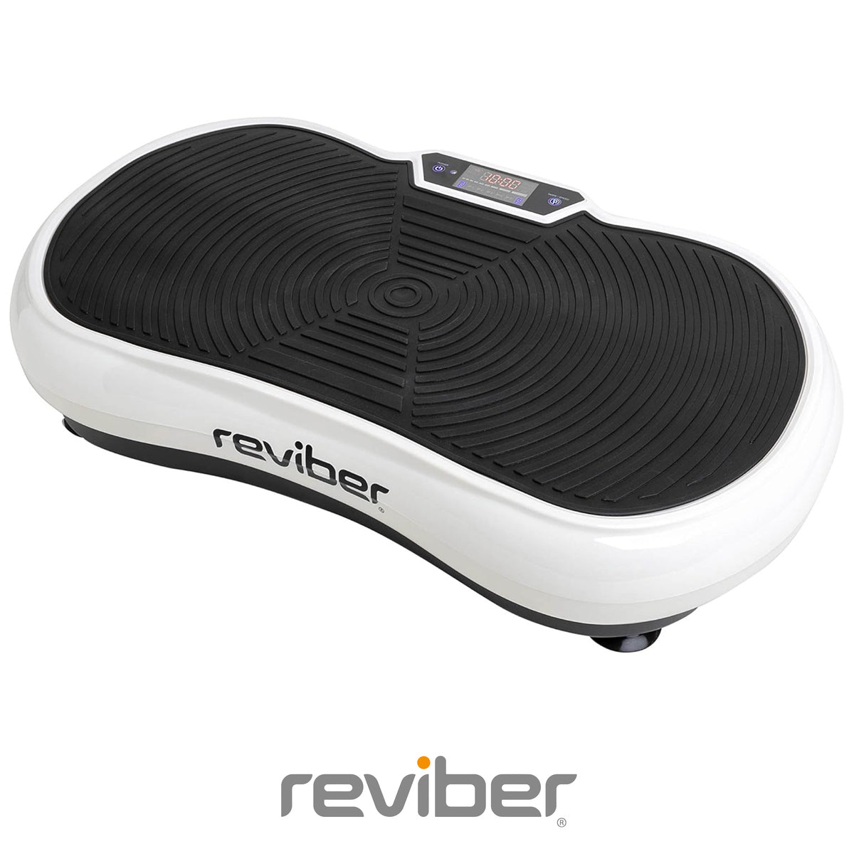 The Reviber Superslim Vibration Plate Exerciser features a black textured surface, compact digital display, and is ideal for body toning and home fitness routines. Shown on a plain white background with the Reviber logo below.
