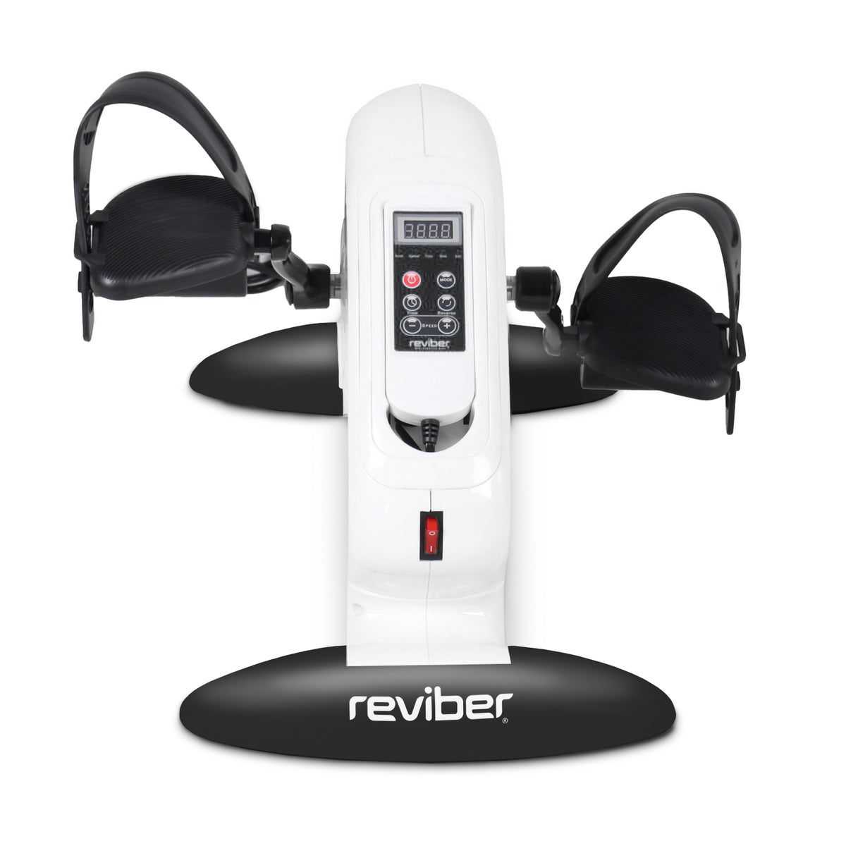 Top view of the Reviber Mini Motorised Exercise Bike by Reviber, featuring black foot pedals, display screen, and control buttons—ideal for low-impact rehabilitation and seated exercise routines.