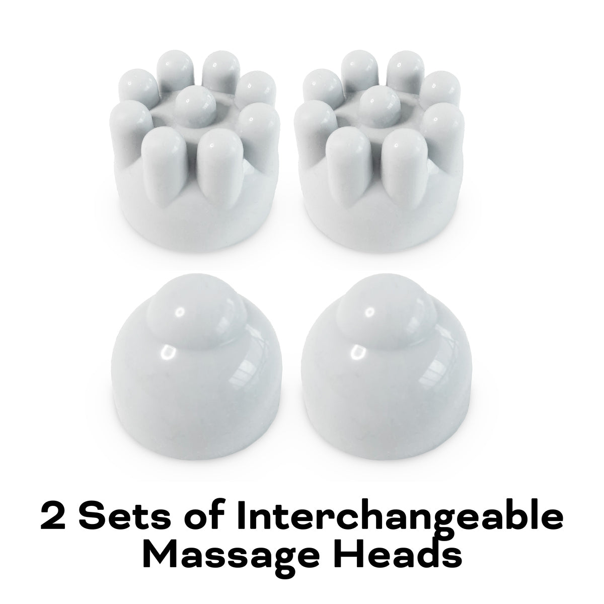 The Reviber Zen Physio Deep Tissue Massager by Reviber includes 2 sets of white interchangeable massage heads: two with multiple rounded nodes and two with a single smooth dome for percussive massage and muscle pain relief.