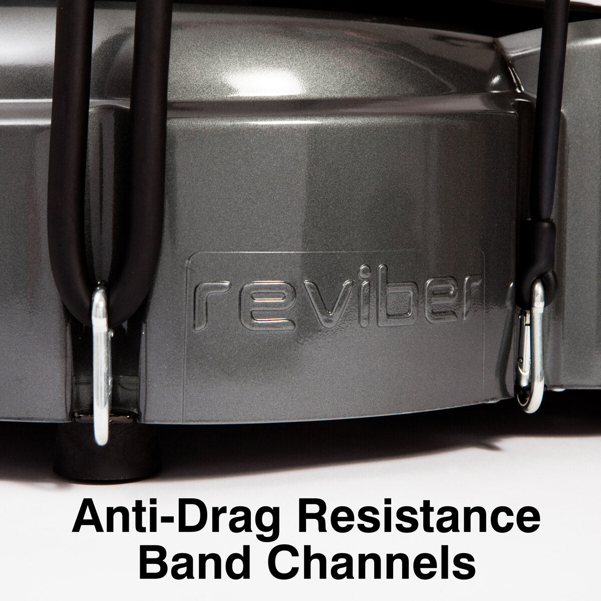 Close-up of the Reviber Fusion Oscillating Vibration Plate Exerciser with black resistance bands. Text: Anti-Drag Resistance Band Channels for a full-body workout and enhanced whole-body vibration training by Reviber.