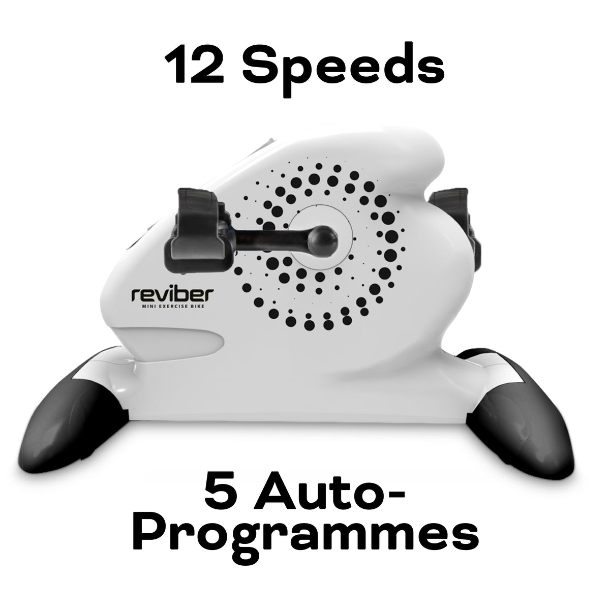 The Reviber Mini Motorised Exercise Bike by Reviber is a compact white exercise bike with black pedals, featuring 12 speeds and 5 auto-programmes. Ideal for seated, low-impact rehabilitation and gentle workouts.