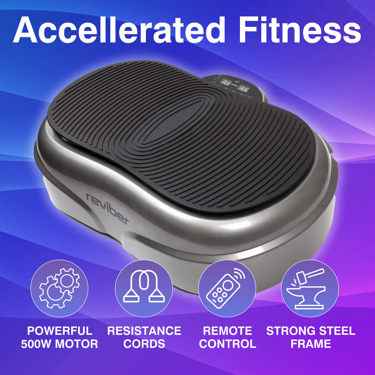 The Reviber Fusion Oscillating Vibration Plate Exerciser by Reviber features a compact, oval design with a textured black surface and display screen. “Accelerated Fitness” is shown above, with icons highlighting full-body workout features.