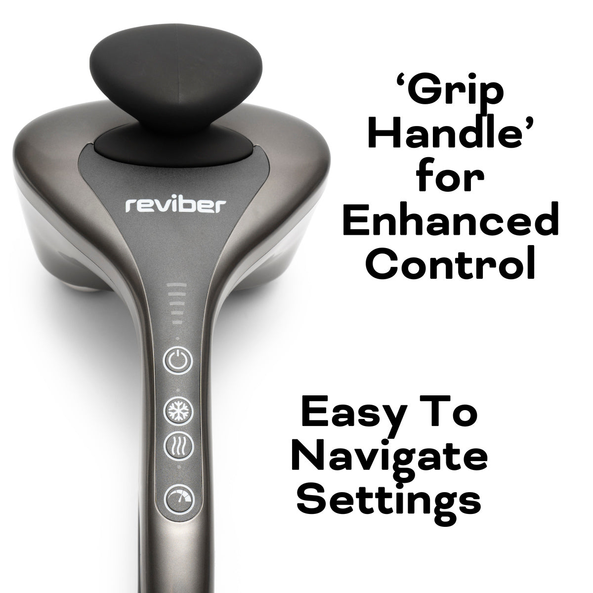 The Reviber Hot and Cold Percussion Massager is shown with a grip handle for enhanced control and easy-to-navigate settings for muscle relief. The brand name Reviber is visible on the device.