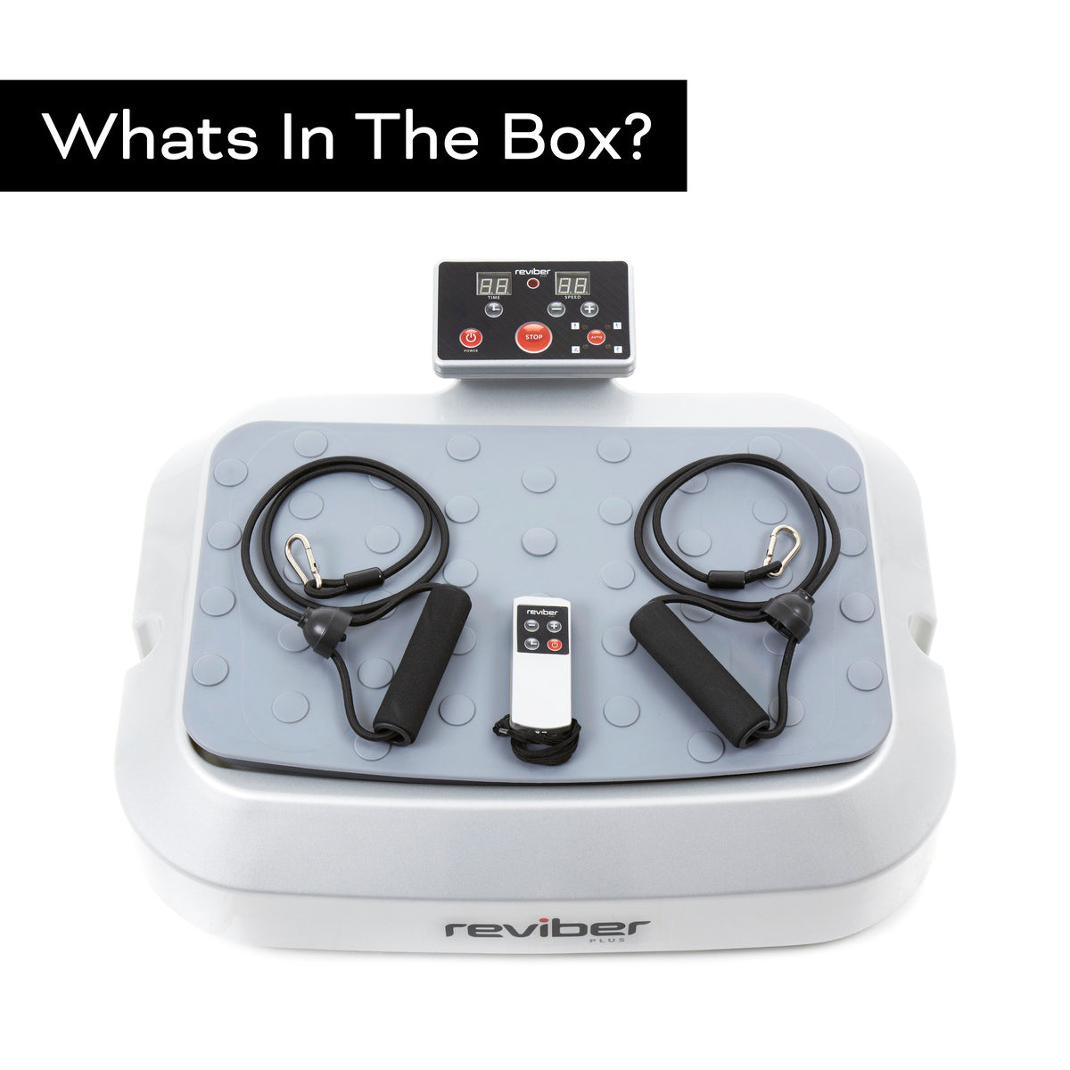 A Reviber Plus Oscillating Vibration Plate Exerciser by Reviber features a digital control panel, two resistance bands with handles, and a remote control on top. A text box in the upper left reads “Whats In The Box?”.