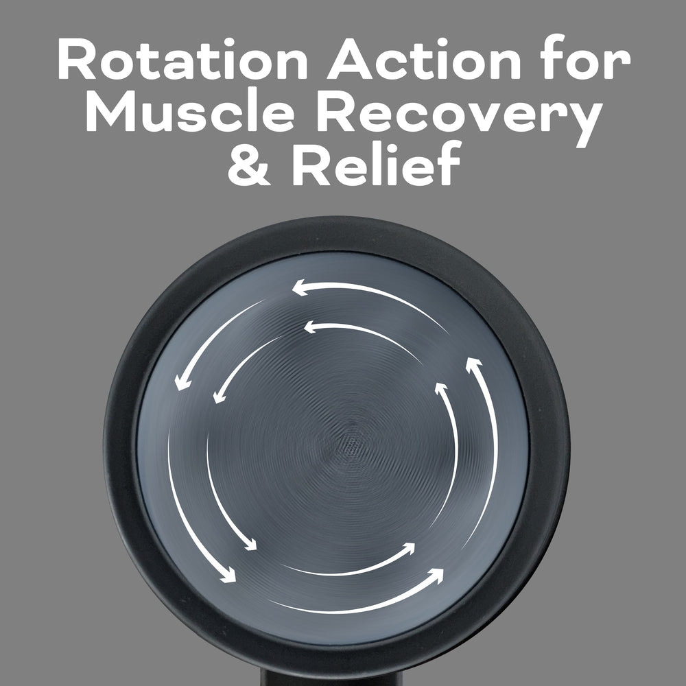 The Reviber Active Relief Shiatsu Massager by Reviber features white arrows in a circle, showing rotation action for deep tissue relief and muscle recovery. Perfect for easing muscle tension on a sleek gray background.