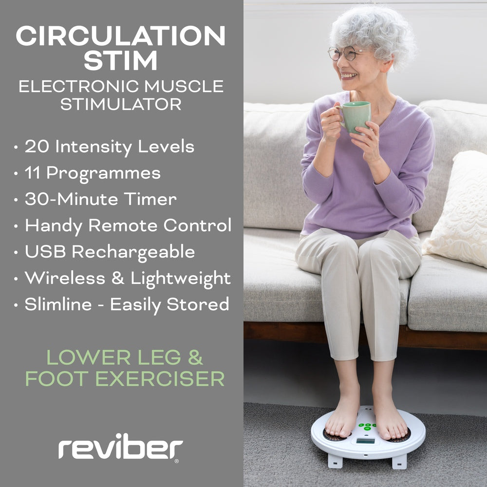 An older woman smiles on a couch, holding a mug with her feet on the Reviber Circulation Stim by Reviber, a wireless electronic muscle stimulator for lower leg strength featuring 20 intensity levels. Product features are listed alongside her.