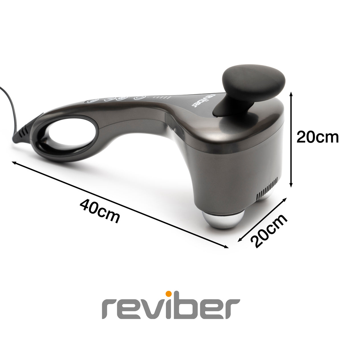 The Reviber Hot and Cold Percussion Massager by Reviber is a gray handheld device with a handle, rounded massage head for muscle relief, and the logo at the bottom. Dimensions: 40cm (L) x 20cm (H) x 20cm (D).