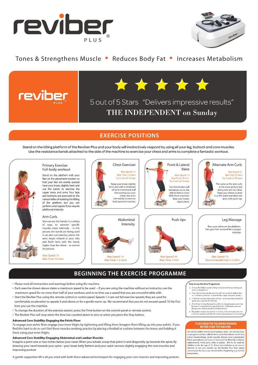 A Reviber exercise guide poster for the Reviber Plus Oscillating Vibration Plate Exerciser features a woman demonstrating moves, key benefits at the top, a 5-star review, clear instructions, and handy tips to help you start your program.