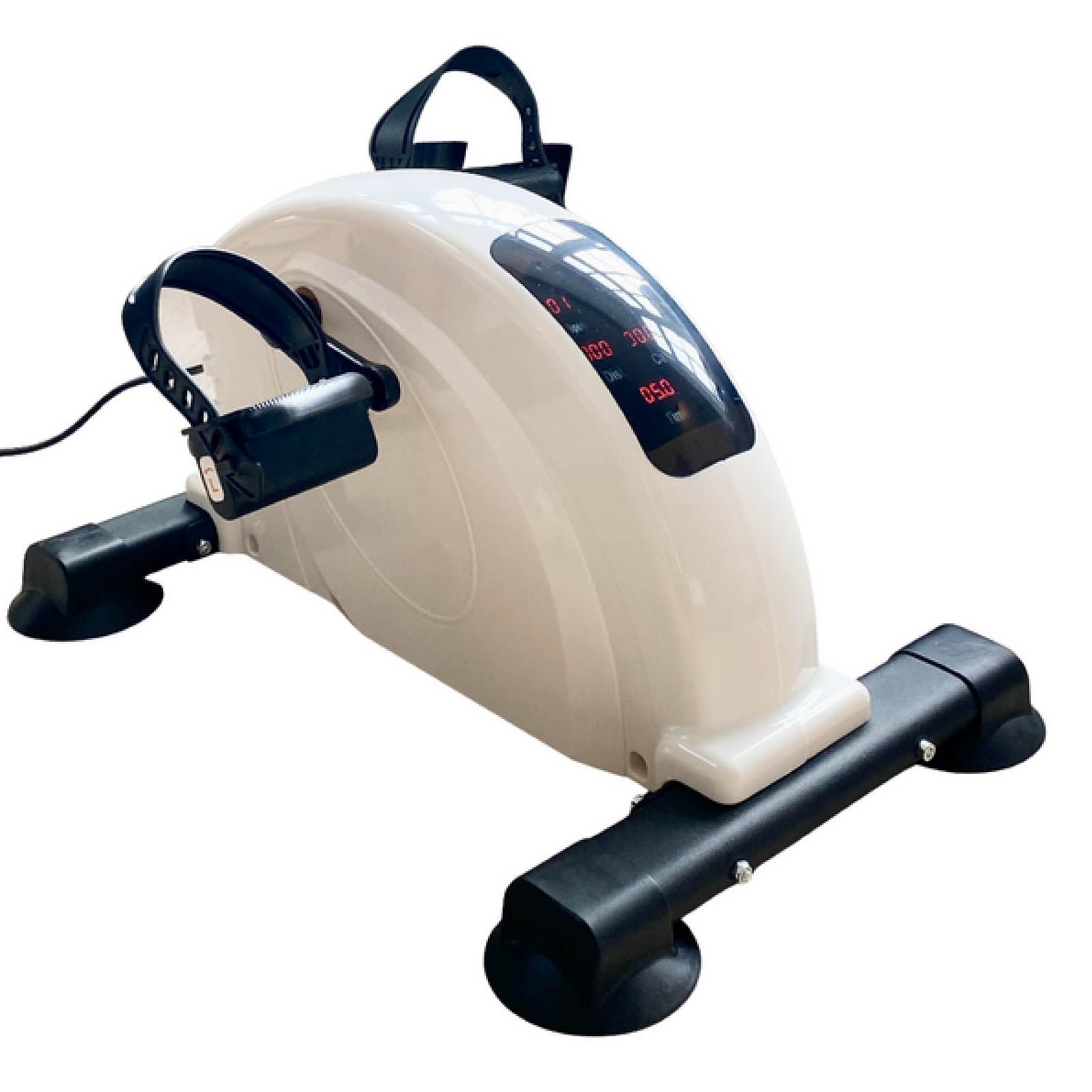 The Reviber Mini Bike PRO by Reviber is a compact white motorised exercise bike with black foot straps, digital display screen, and black stabilising bars—ideal for stationary cycling workouts, low-impact rehab, and manual or automatic resistance.