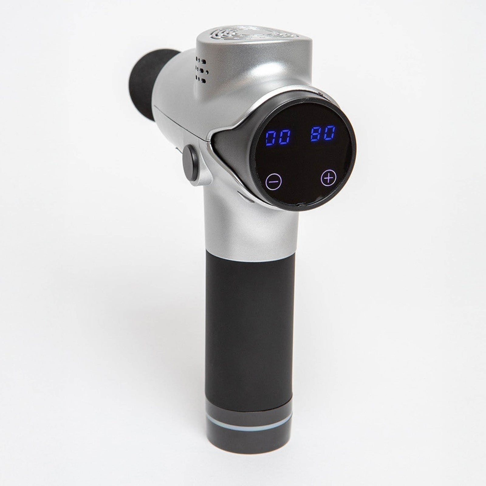 The Reviber Massage Gun by Reviber is a handheld silver and black device with a digital display showing 00 and 50, plus/minus buttons below. Ideal for deep-tissue massage, it stands upright against a plain white background.