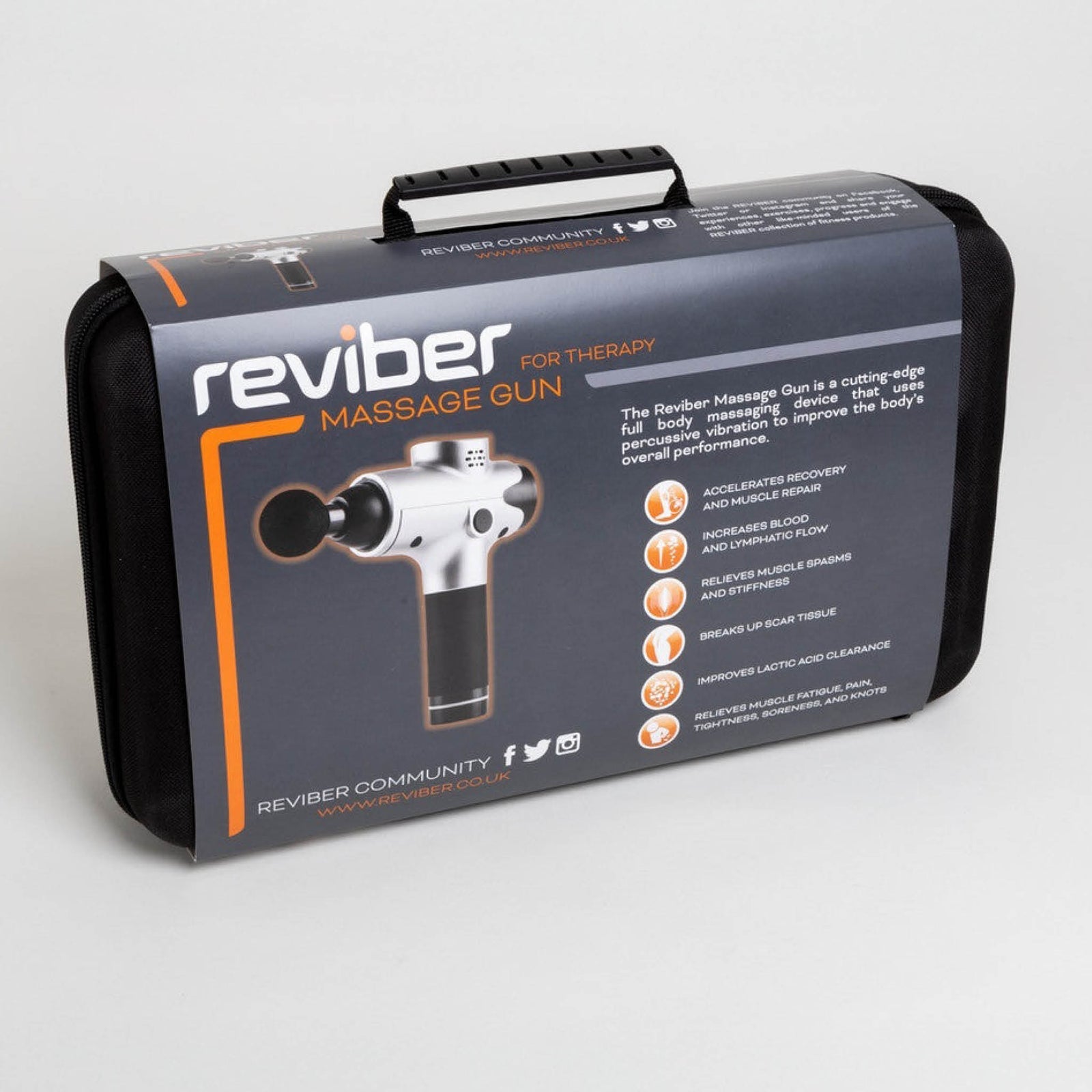 The Reviber carrying case, in black and gray, features an image of the Reviber Massage Gun and text showcasing benefits like faster muscle recovery, better circulation, and pain relief from deep-tissue massage.