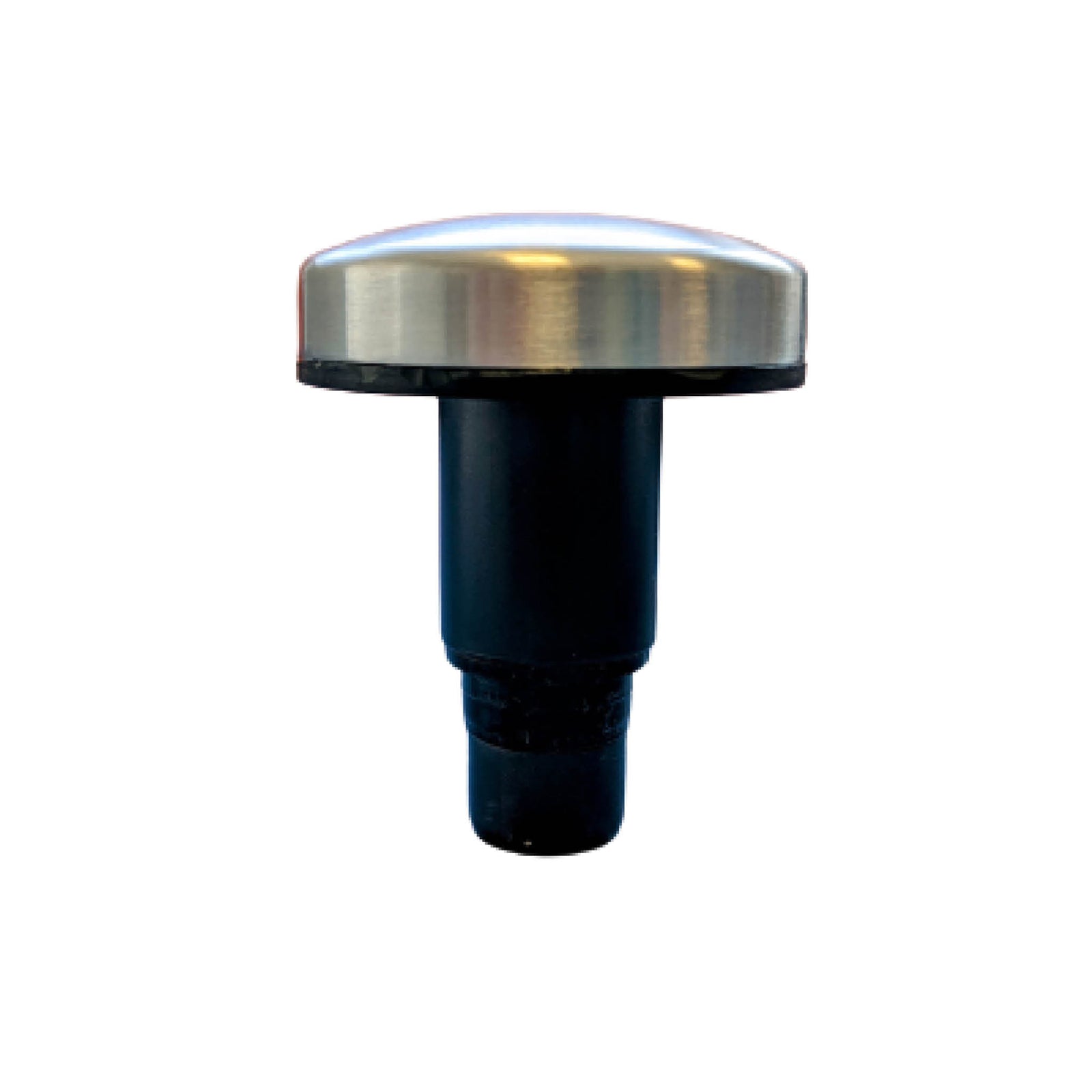 The Reviber Mini Massage Gun With Heat Therapy by Reviber features a silver top and black body with a sleek, compact design, resembling a wine bottle stopper, shown isolated on a white background.