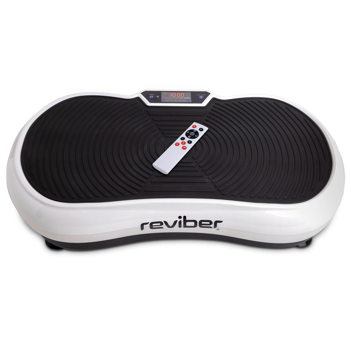 The Reviber Superslim Vibration Plate Exerciser by Reviber features a white and black design, digital display, and remote control on top—ideal for effective body toning.