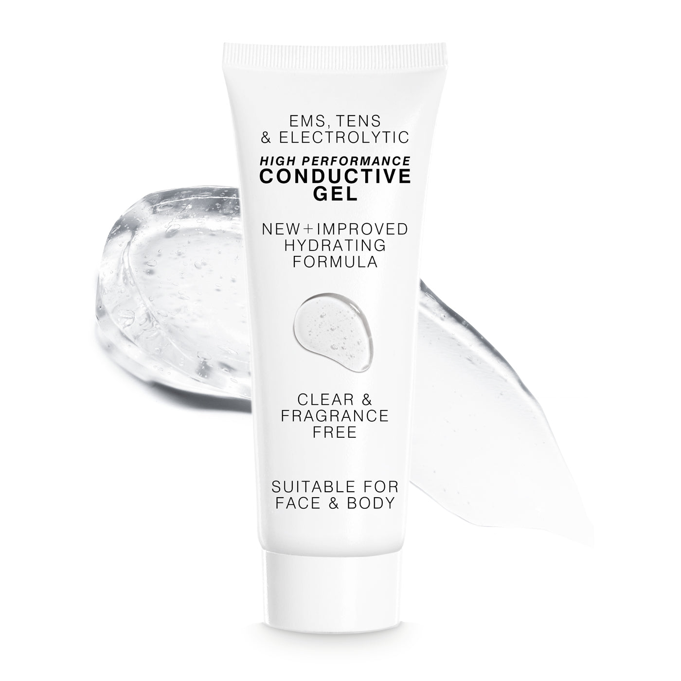 A white tube of Reviber EMS, TENS & Micro-Current Toning Conductive Gel 85ml stands before a clear gel smear. Its packaging highlights a hydrating, fragrance-free formula—ideal as a microcurrent gel for face and body.