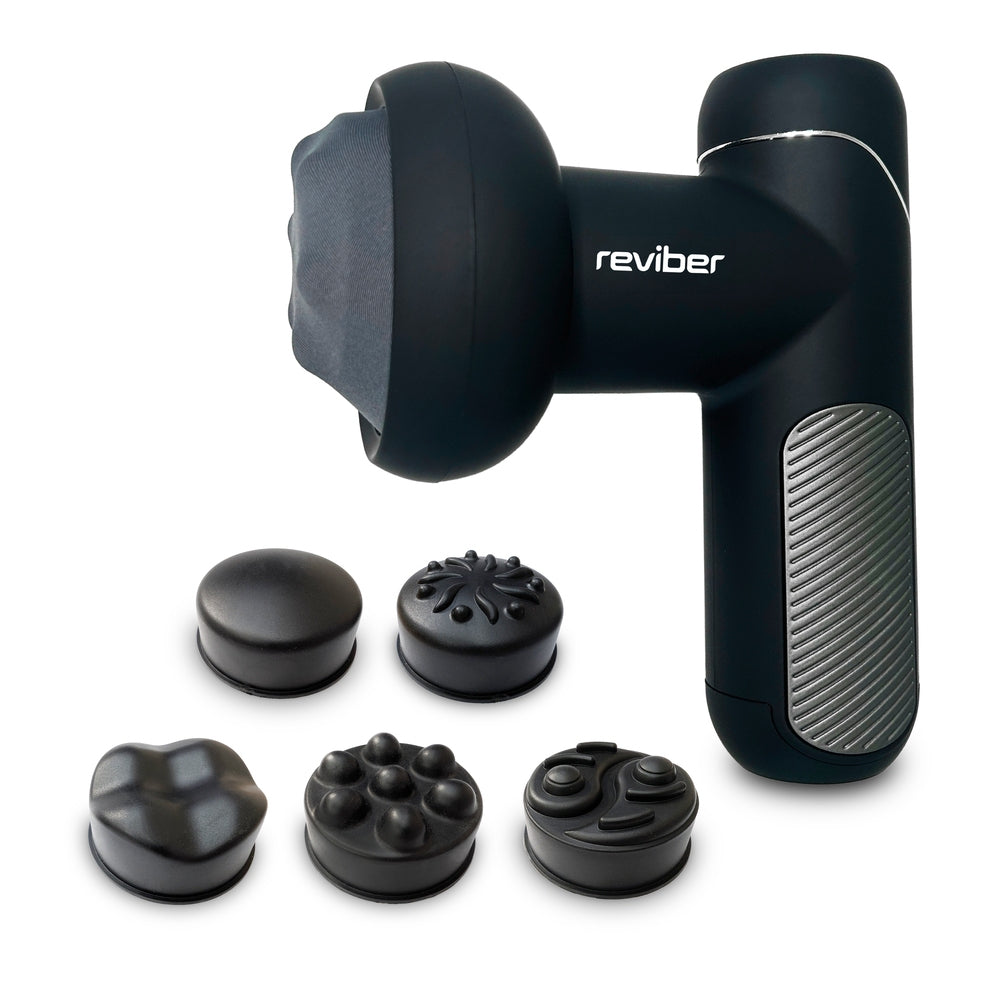 The Reviber Active Relief Shiatsu Massager by Reviber, in black with a textured grip, is shown with six interchangeable massage head attachments for deep tissue relief and muscle tension.