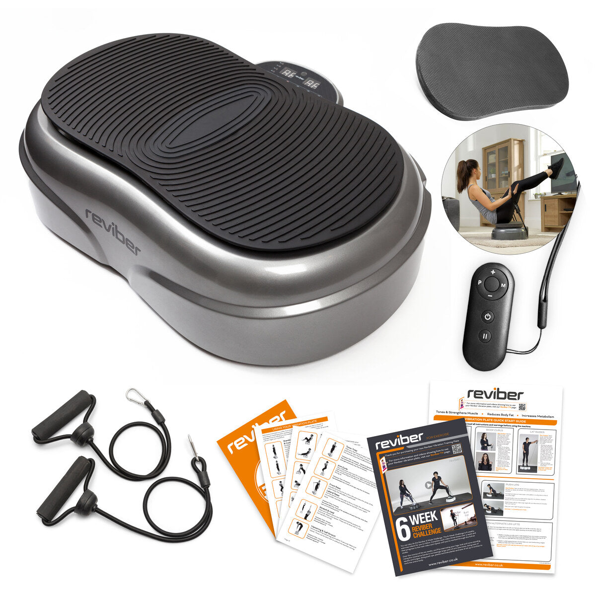 The Reviber Fusion Oscillating Vibration Plate Exerciser by Reviber comes in black and gray, includes resistance bands, remote, mat, and manuals. Inset image shows a woman enjoying whole-body vibration training at home.