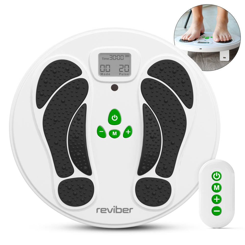 The Reviber Circulation Stim by Reviber is a round white electronic muscle stimulator with black footpads, digital display, green control buttons, and remote. Ideal for active recovery and leg strength. Inset shows bare feet on device; Reviber branding visible.