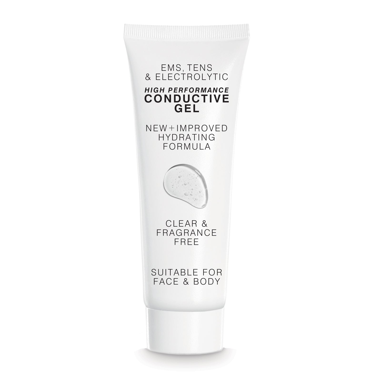 A white tube labeled Reviber EMS, TENS & Micro-Current Toning Conductive Gel 85ml for EMS, TENS, and electrolytic use. The label highlights its hydrating, clear, fragrance-free formula, suitable for face and body, with a gel swatch shown.