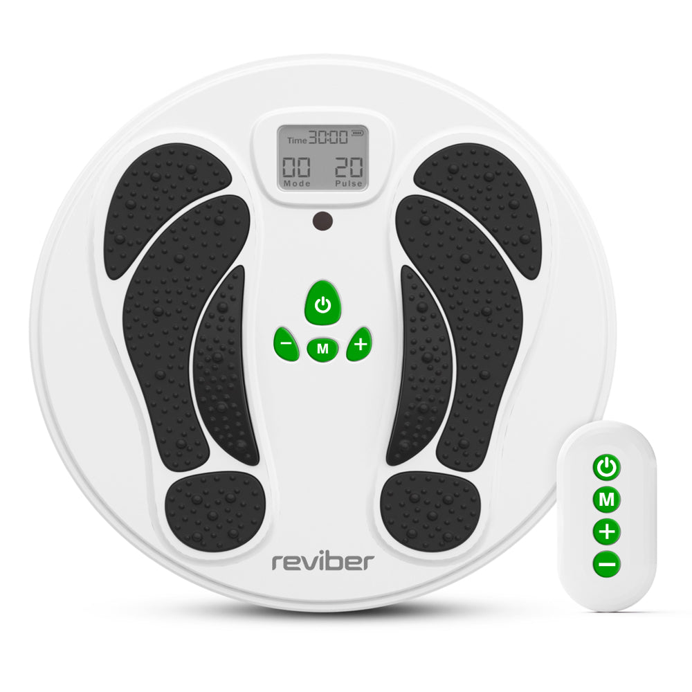 The Reviber Circulation Stim Electronic Muscle Stimulator is a white, circular device with black textured foot pads, an LCD display, control buttons, and a small white remote with green buttons. The Reviber brand name is visible.