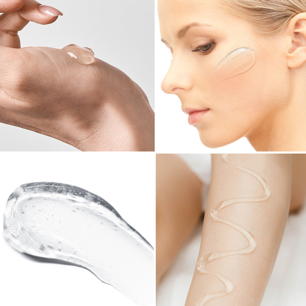 A collage of four images showcases Reviber EMS, TENS & Micro-Current Toning Conductive Gel 85ml: on a hand, applied to a woman's cheek, a close-up, and swirled on a forearm.