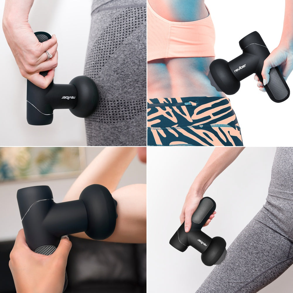 A collage of four images shows a person in athletic wear using the black Reviber Active Relief Shiatsu Massager from Reviber on their arm, back, thigh, and leg for deep tissue relief and muscle tension ease.