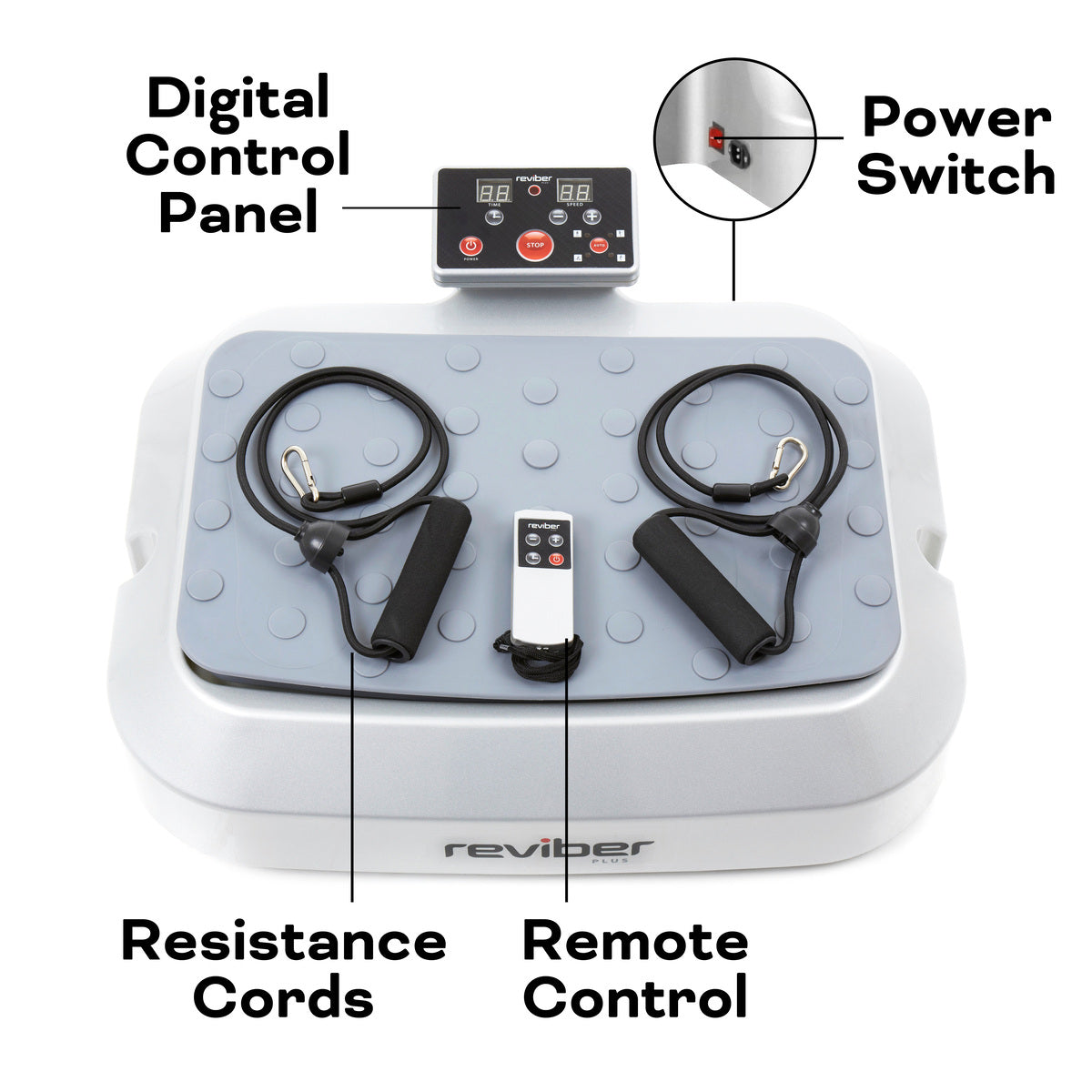 The Reviber Plus Oscillating Vibration Plate Exerciser by Reviber is shown on a flat surface, featuring a digital control panel, power switch, resistance cords, and remote control with labeled parts.