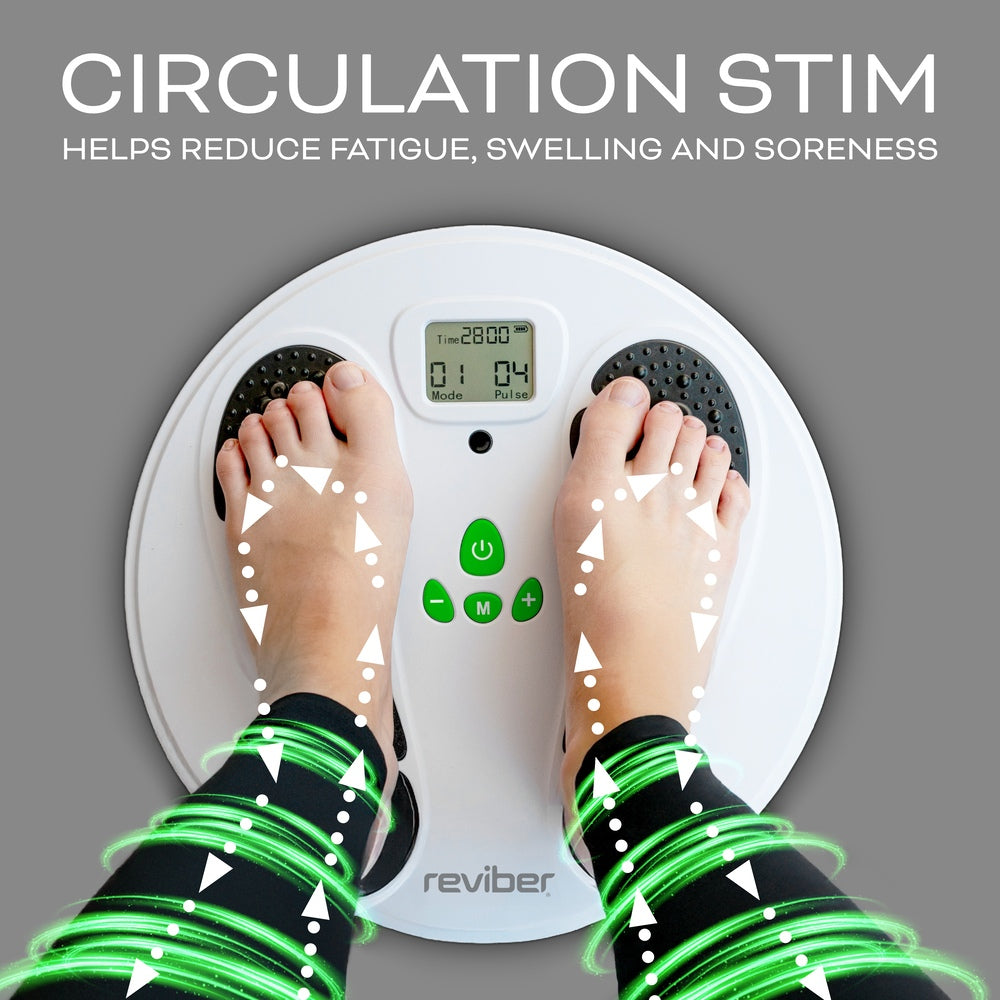 Top view of bare feet on the Reviber Circulation Stim - Electronic Muscle Stimulator by Reviber, with green swirling graphics around the legs. Text: Supports active recovery and helps reduce fatigue, swelling, and soreness.