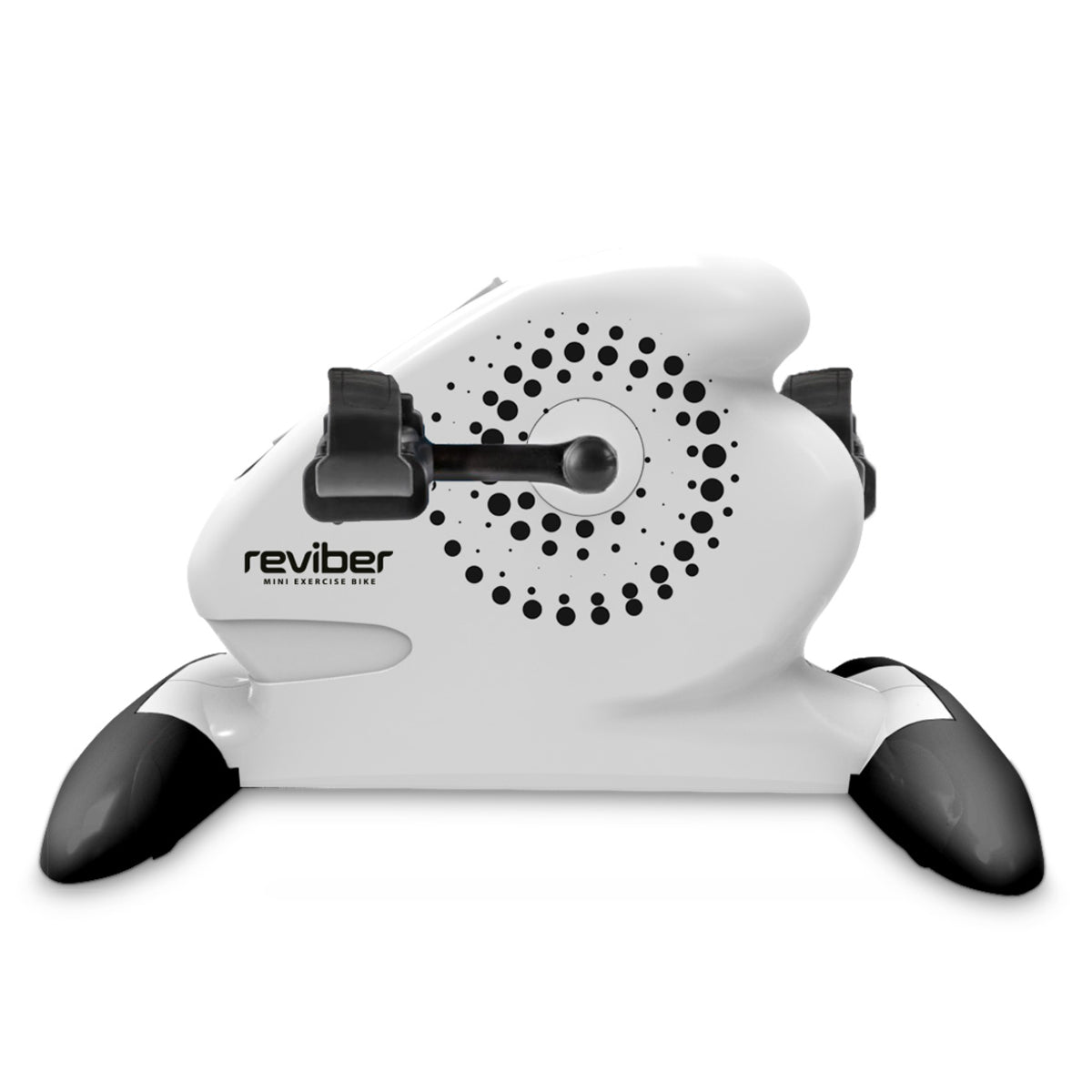 The Reviber Mini Motorised Exercise Bike is a compact white indoor fitness machine with black pedals and base, designed by Reviber for portable workouts and ideal for low-impact rehabilitation.