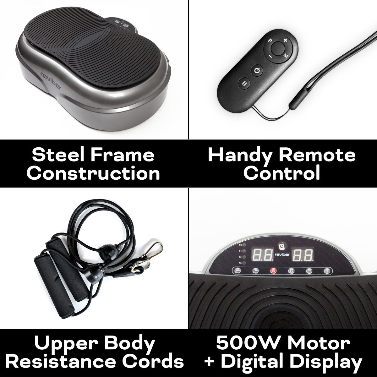 Four-panel image of the Reviber Fusion Oscillating Vibration Plate Exerciser by Reviber, showing a black unit with steel frame, remote control, upper body resistance cords, and digital display featuring 500W motor. Features labeled in bold white text.