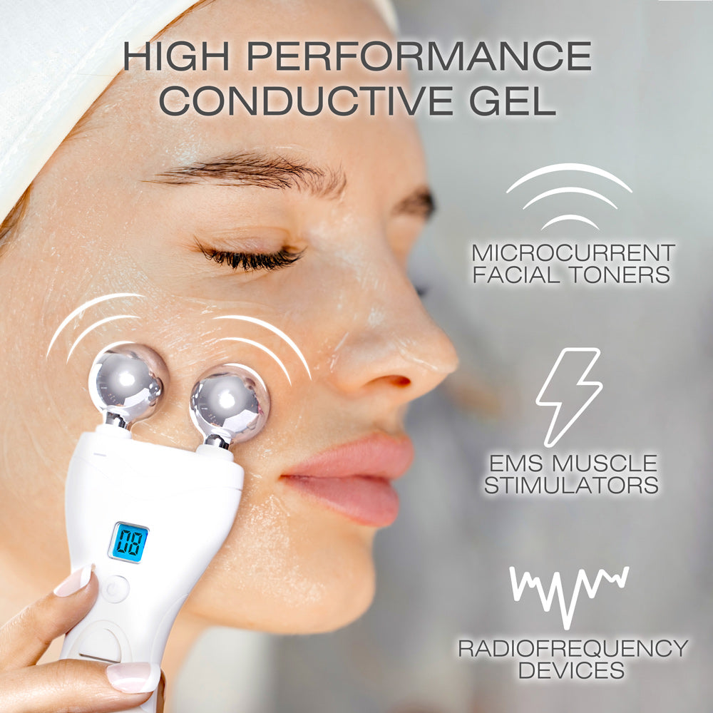 A woman applies Reviber EMS, TENS & Micro-Current Toning Conductive Gel (85ml) before using microcurrent facial toners, EMS muscle stimulators, or radiofrequency devices for enhanced toning and skin care results.