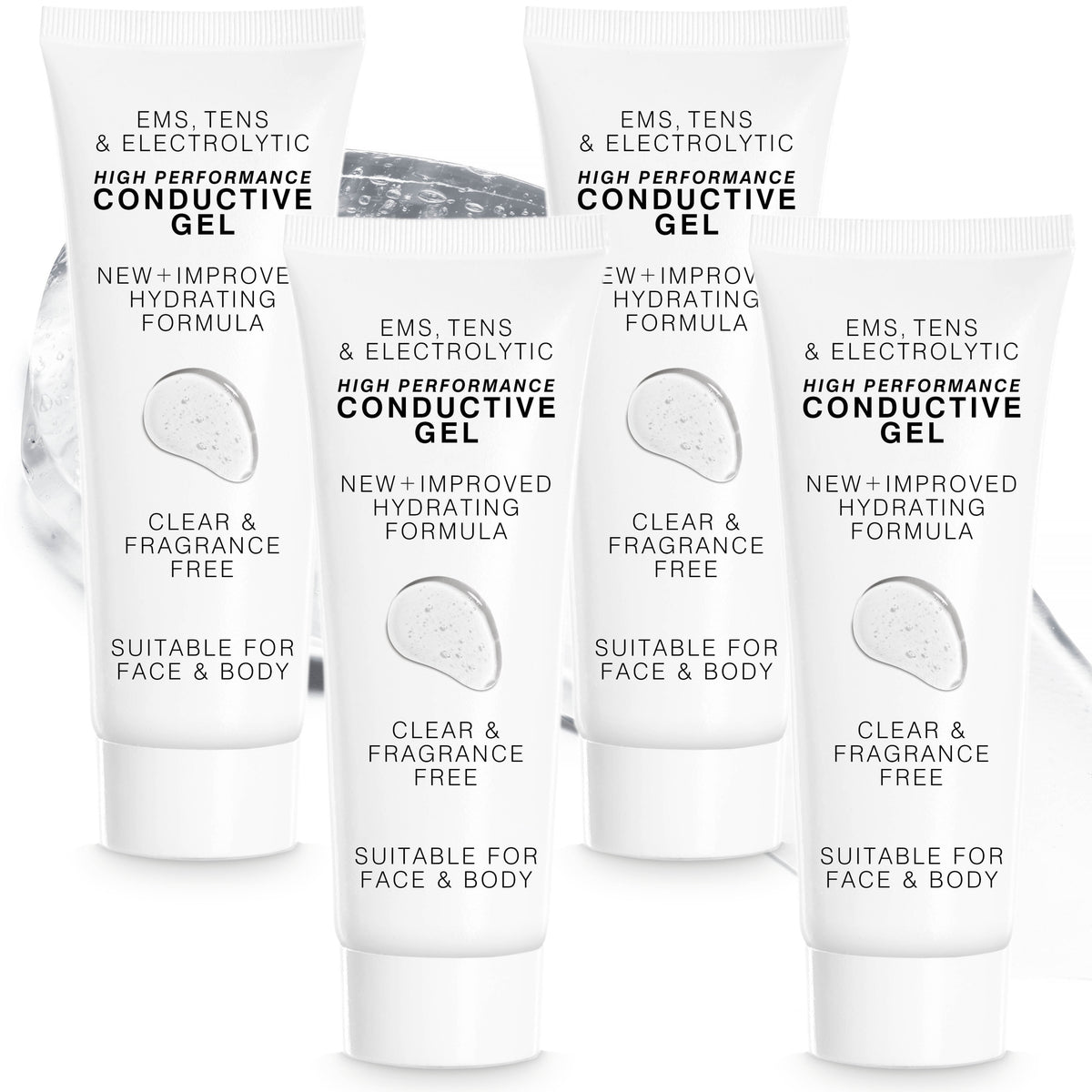 Four tubes of Reviber EMS, TENS, Electrolytic and Micro-Current Toning Conductive Gel (4 x 85ml) stand in front of a blurred silver background. Each clear, fragrance-free tube shows a gel texture image, suitable for face and body.
