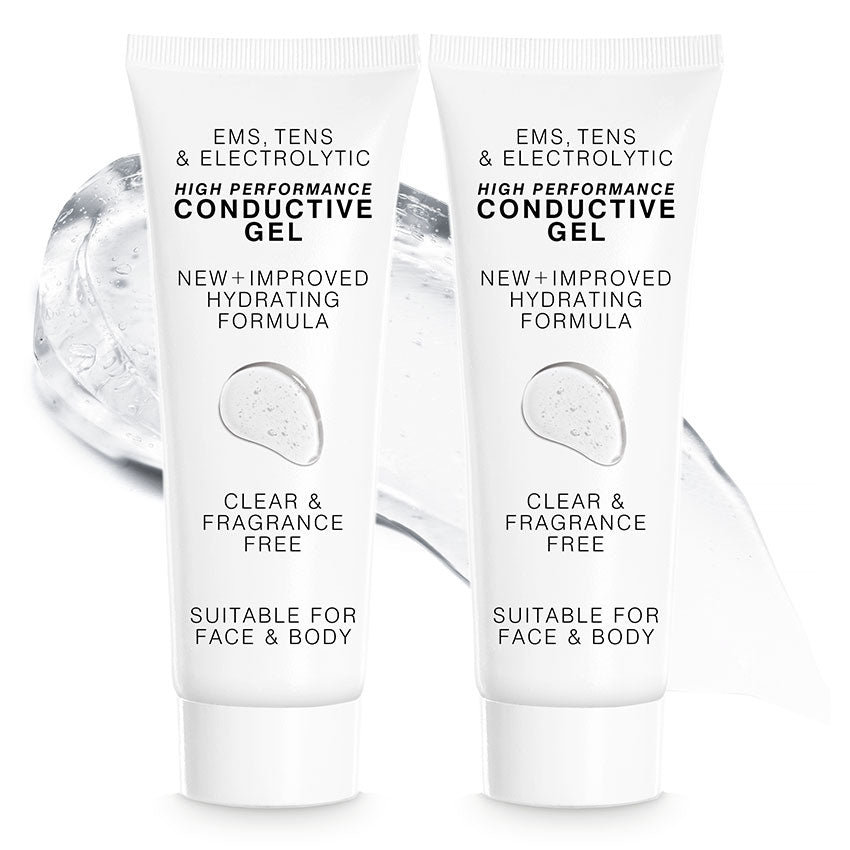 Two white tubes of Reviber EMS, TENS, Electrolytic and Micro-Current Toning Conductive Gel (2 x 85ml) with a clear, fragrance-free, hydrating formula for face and body. Ideal for EMS devices and labeled for TENS and electrolytic use.