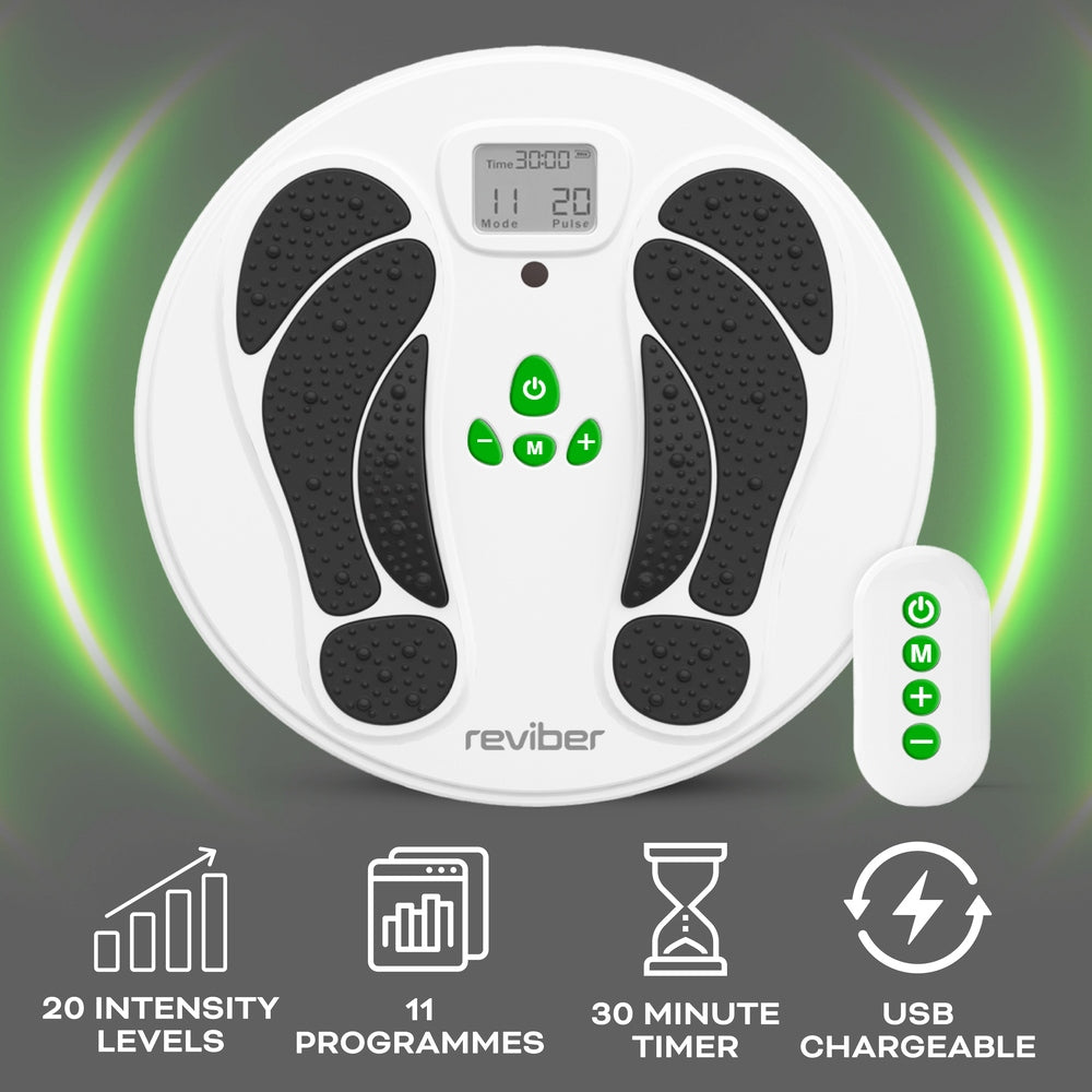 The Reviber Circulation Stim by Reviber is a white circular electronic muscle stimulator with black foot pads, a digital display, control buttons, and a remote. Icons show 20 intensity levels, 11 programs, 30-min timer, and USB charging to boost lower leg strength.
