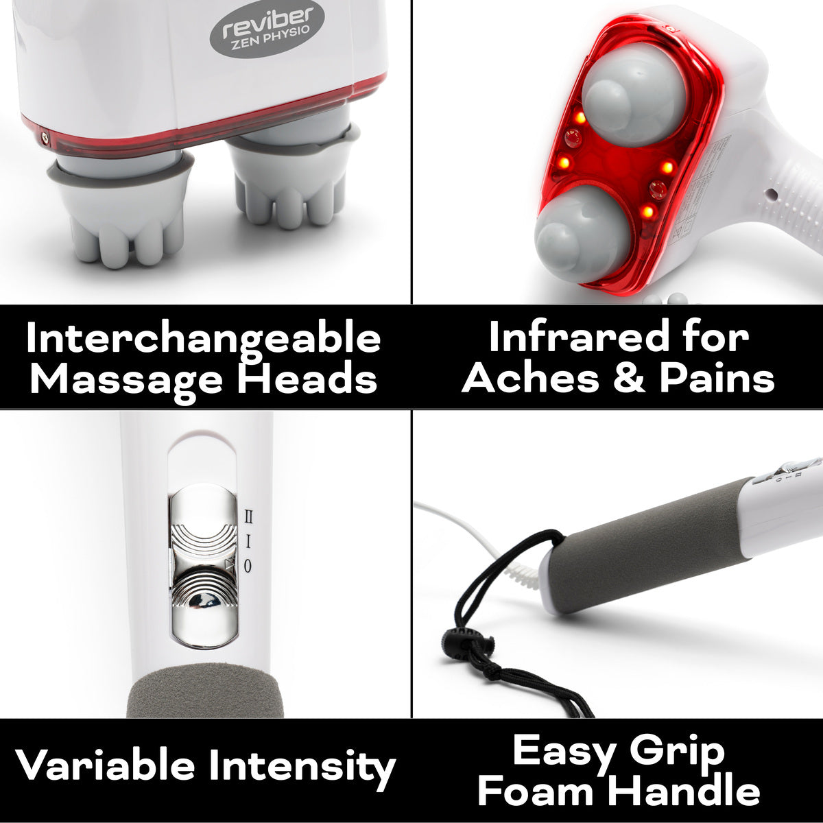 A collage displays the Reviber Zen Physio Deep Tissue Massager by Reviber, featuring interchangeable heads, infrared lights for muscle pain relief, a variable intensity dial, and an easy-grip foam handle.