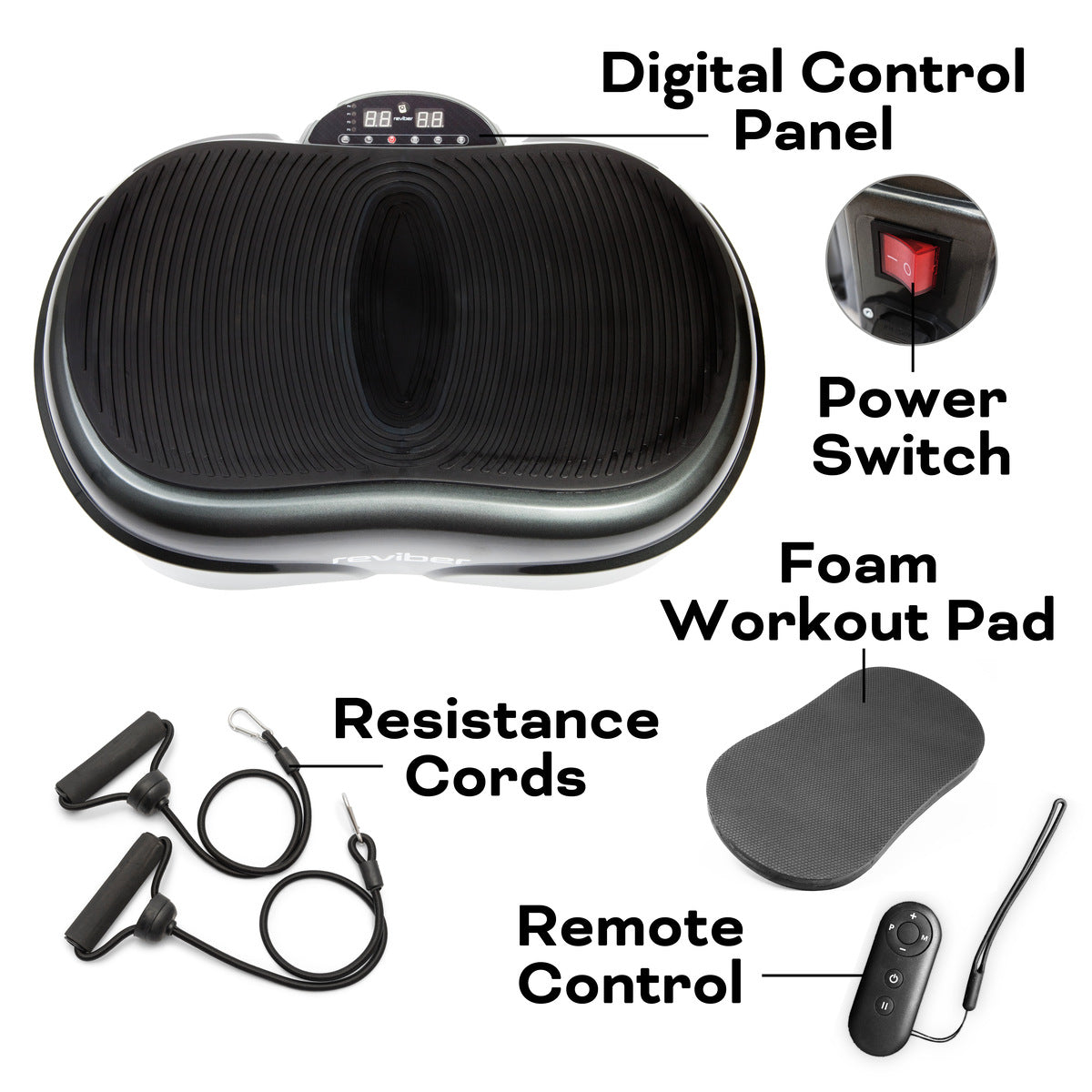 The Reviber Fusion Oscillating Vibration Plate Exerciser by Reviber displays its digital control panel, power switch, foam workout pad, resistance cords, and remote control—clearly showing all essentials for effective full-body vibration workouts.