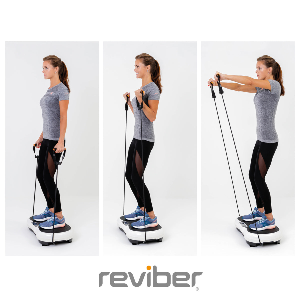 A woman in a gray shirt, black leggings, and blue sneakers demonstrates standing, bicep curl, and front arm raise exercises with resistance bands on the Reviber Superslim Vibration Plate Exerciser by Reviber.