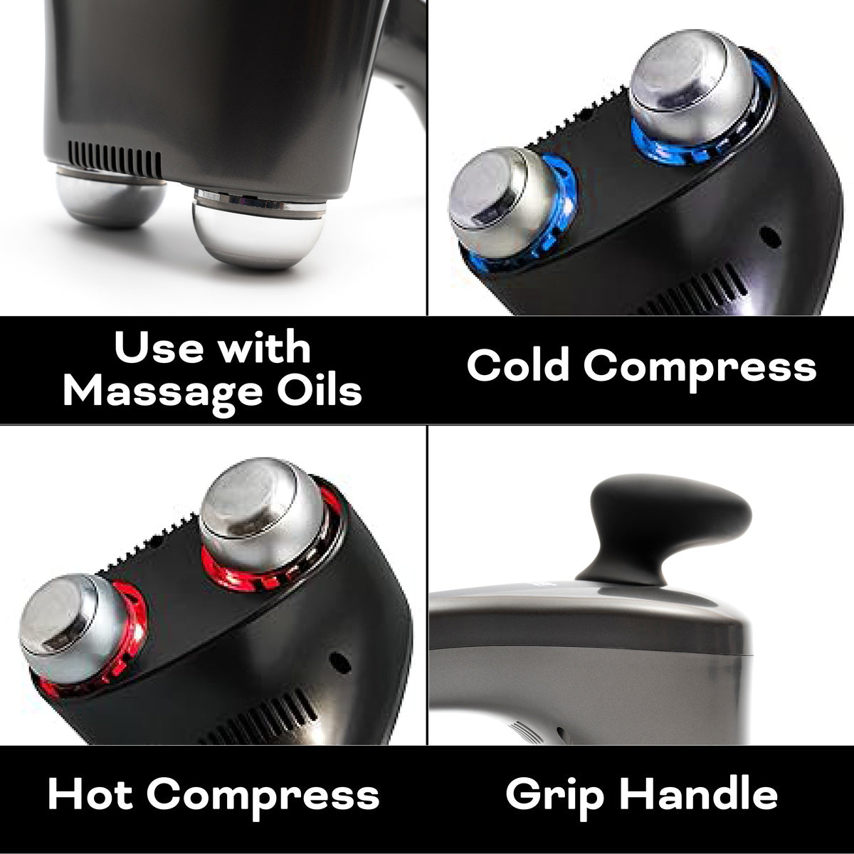 The Reviber Hot and Cold Percussion Massager by Reviber is shown with metal heads, used for massage oils, cold or hot compress, and features an ergonomic grip plus red or blue lights for targeted muscle relief.