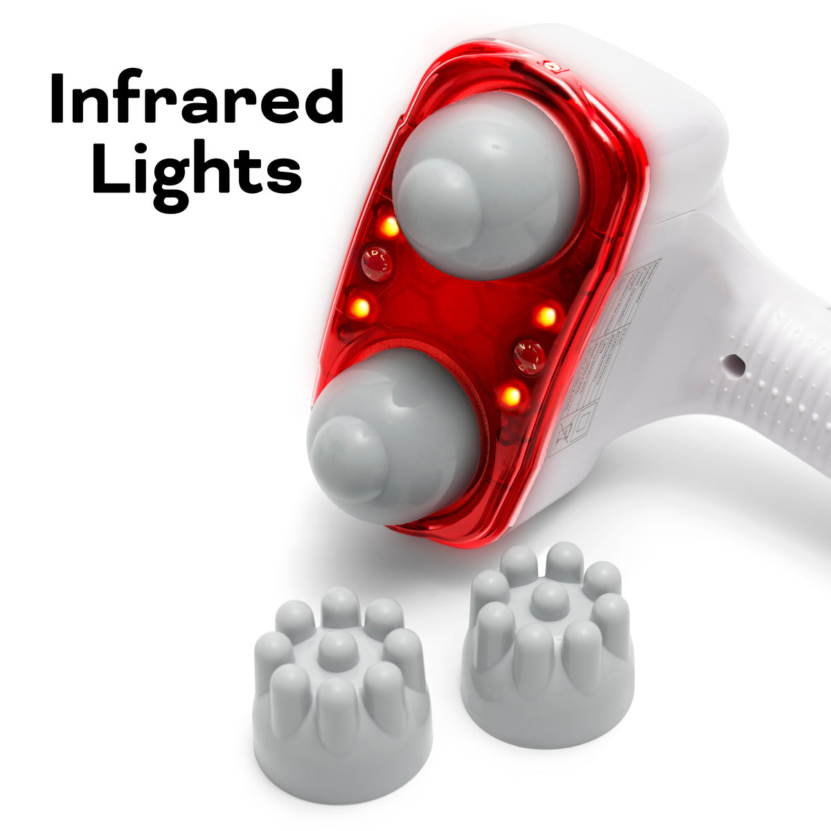 The Reviber Zen Physio Deep Tissue Massager by Reviber features two gray massage nodes, four glowing red infrared lights, and comes with two detachable gray attachments for muscle pain relief. Infrared Lights appears on the left side of the image.