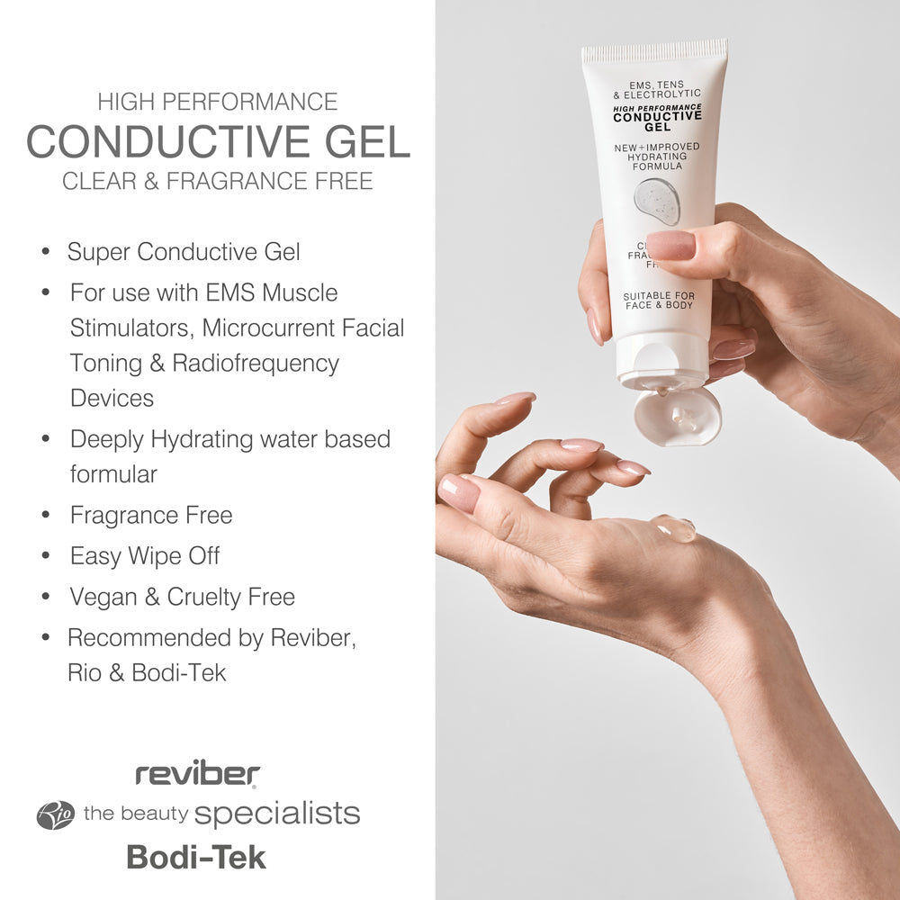 A person applies Reviber EMS, TENS & Micro-Current Toning Conductive Gel 85ml from a white tube to their hand. Text highlights its facial toning suitability, fragrance-free formula, vegan-friendly status, and easy removal.