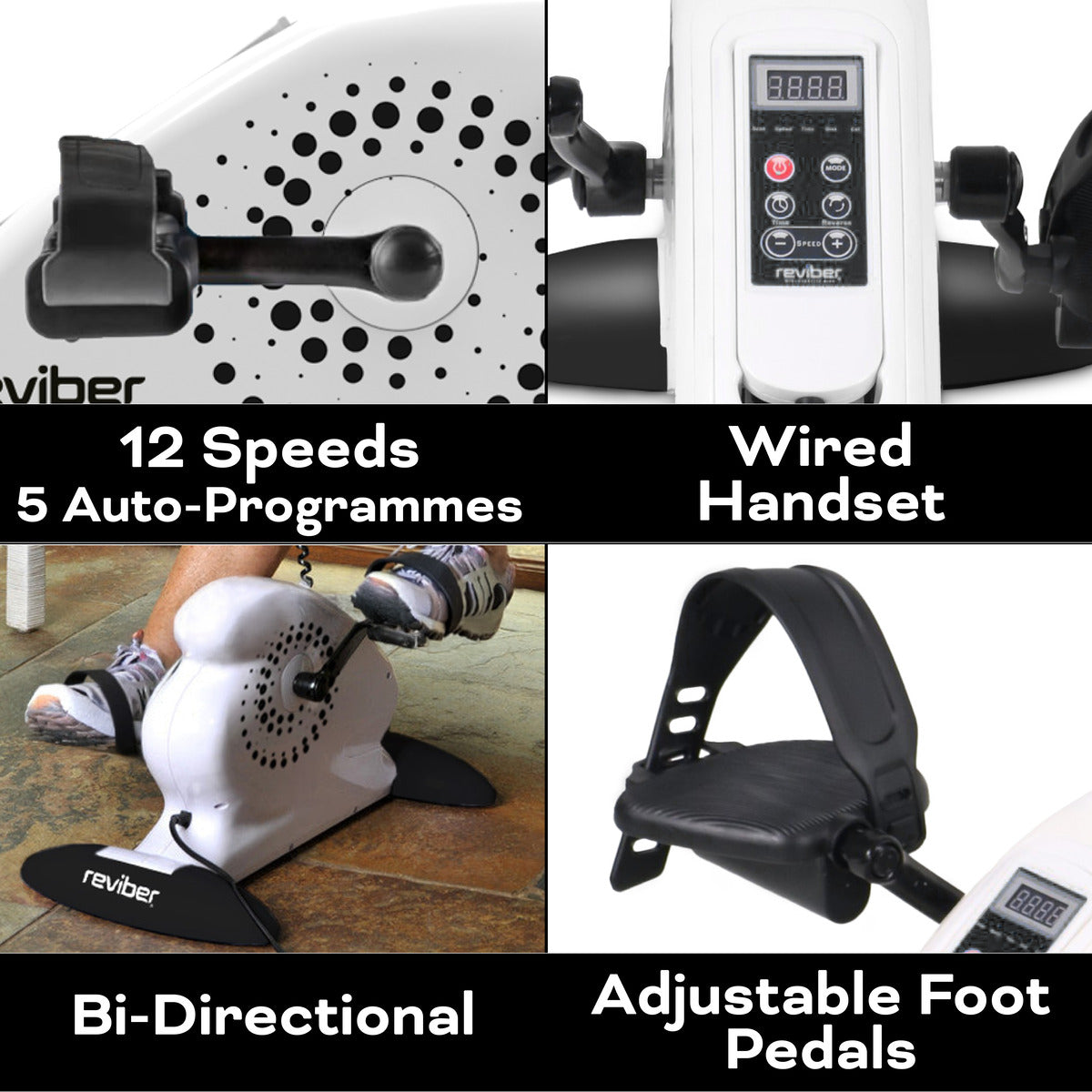 A collage highlights the Reviber Mini Motorised Exercise Bike’s 12 speeds, 5 auto-programmes, wired display handset, bi-directional use, and adjustable foot pedals. Ideal for low-impact rehab. White with black accents. Brand: Reviber.