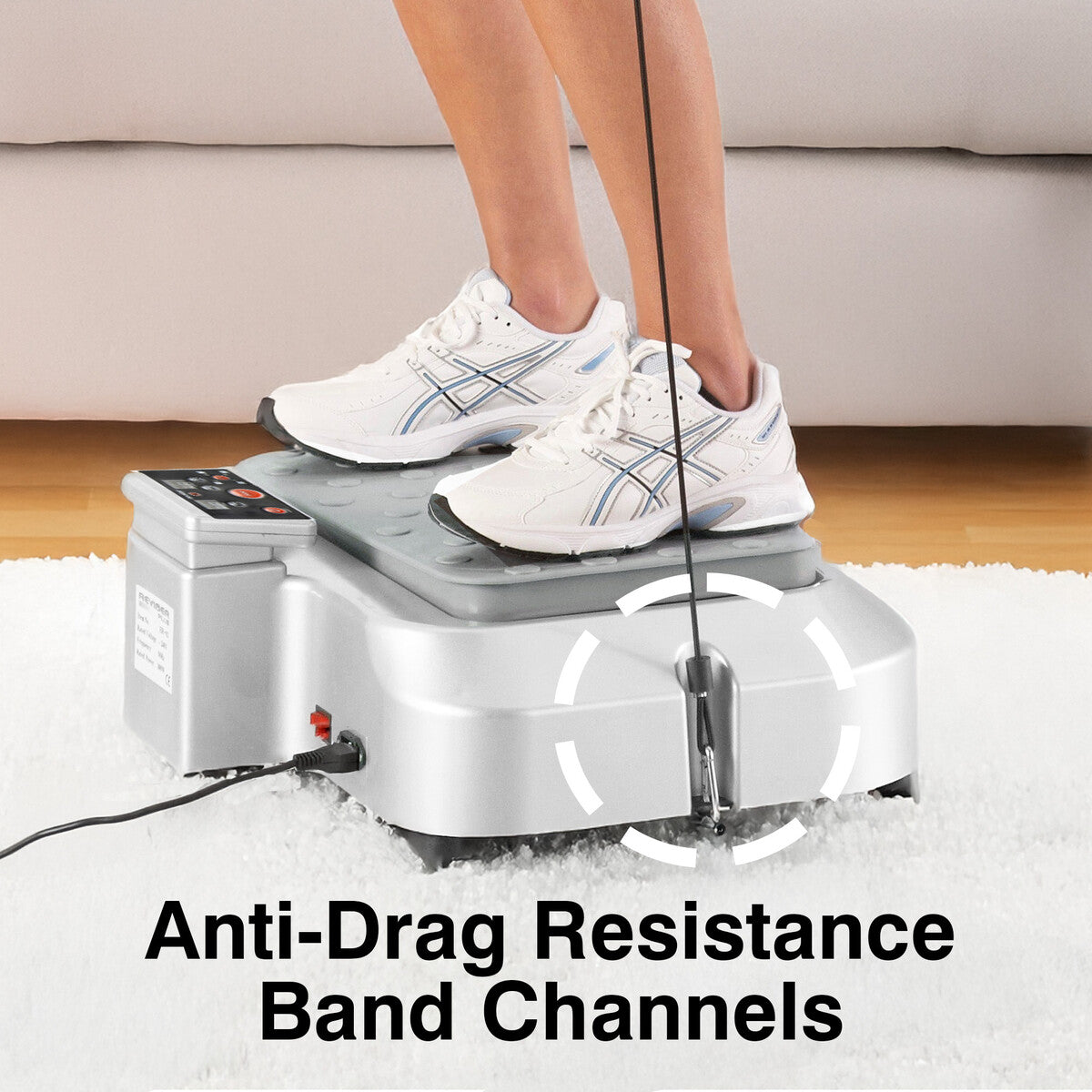 A person in white trainers stands on a silver Reviber Plus Oscillating Vibration Plate Exerciser with resistance bands attached, resting on a white carpet. The text below reads, Anti-Drag Resistance Band Channels. Brand: Reviber.