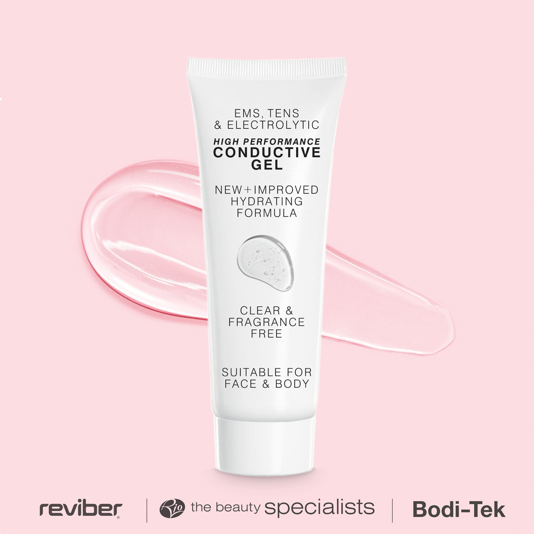 A white tube of Reviber EMS, TENS, Electrolytic and Micro-Current Toning Conductive Gel (2 x 85ml) stands upright before a smear of clear gel on a pink background—ideal for face or body use with your device, clear and fragrance-free.