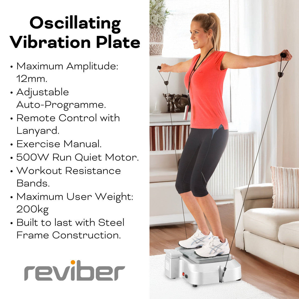 A woman exercises on the Reviber Plus Oscillating Vibration Plate Exerciser from Reviber, featuring a 12mm amplitude, remote control, powerful 500W motor, sturdy steel frame, and supports up to 200kg user weight.