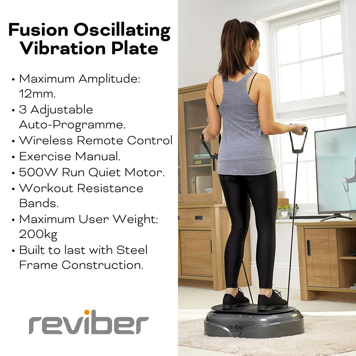 A woman in workout gear uses the Reviber Fusion Oscillating Vibration Plate Exerciser by Reviber in her living room. Features include 12mm amplitude, 500W motor, wireless remote, resistance bands, and a 200kg max user weight.