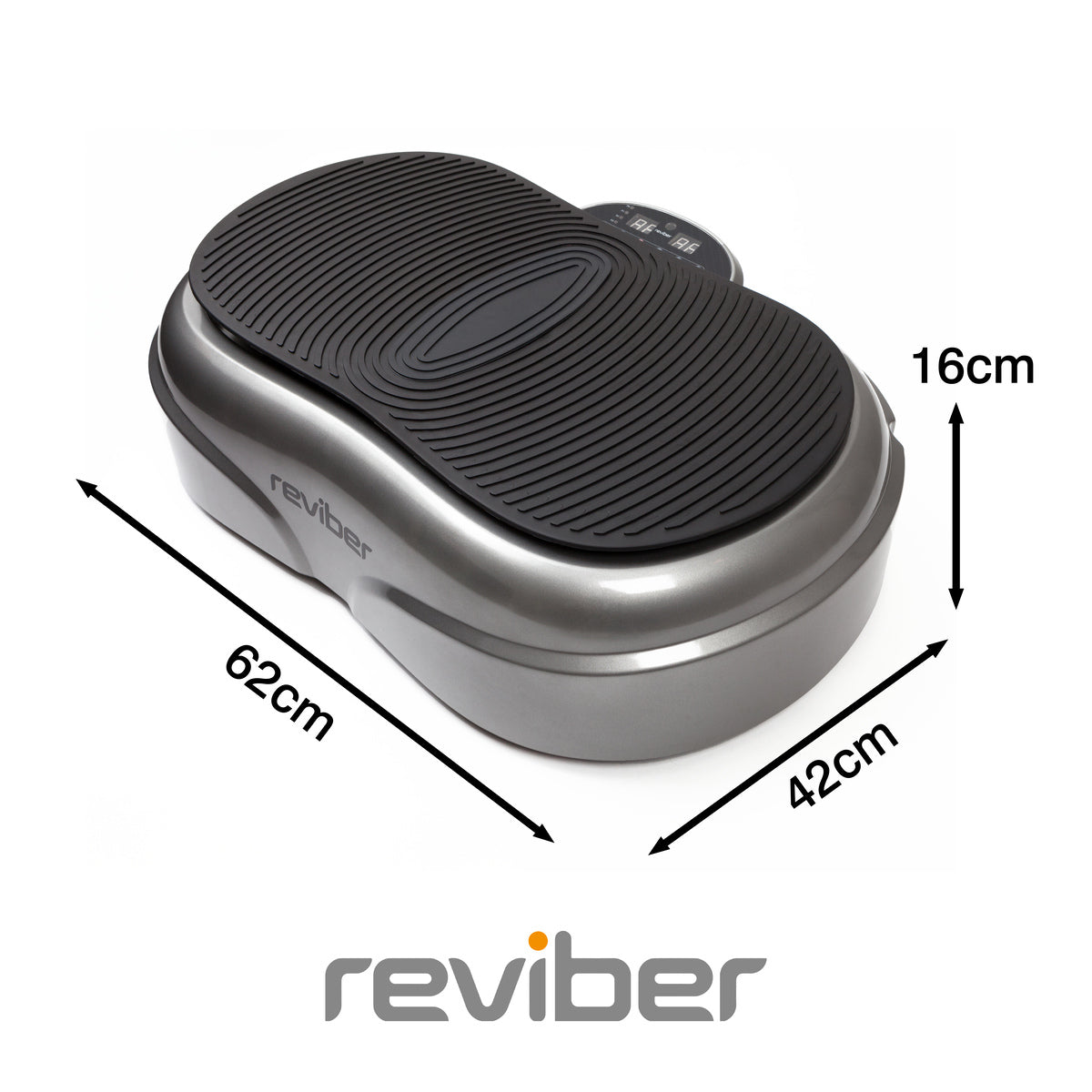 The Reviber Fusion Oscillating Vibration Plate Exerciser by Reviber is black and silver with a textured surface, measuring 62cm x 42cm x 16cm. It features the Reviber logo below the platform and is ideal for whole-body vibration training.