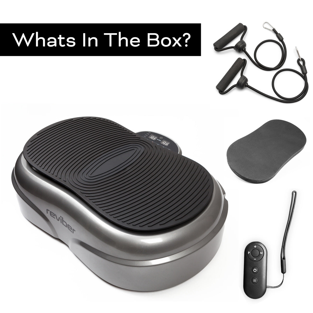 The Reviber Fusion Oscillating Vibration Plate Exerciser by Reviber comes with a remote control, resistance bands, and a black exercise mat—everything you need for effective whole-body vibration training.