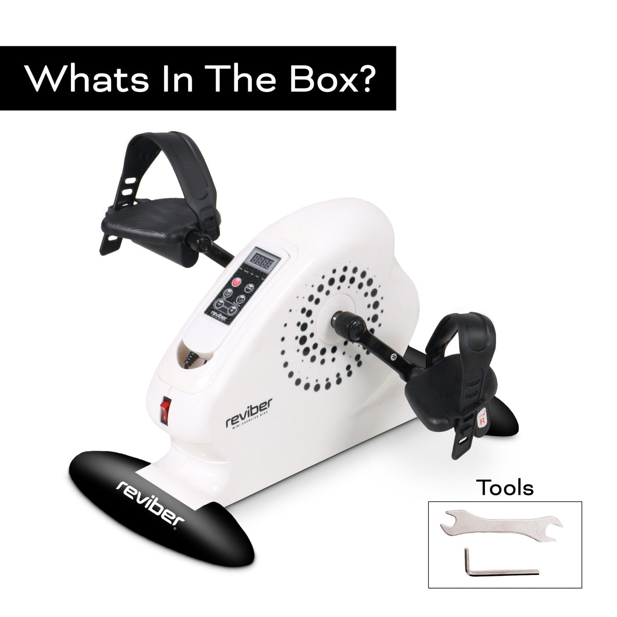 A compact white Reviber Mini Motorised Exercise Bike by Reviber, perfect for low-impact rehabilitation, with adjustable foot straps, digital display, and included wrench and hex key tools shown in an inset box. Text reads Whats In The Box?.
