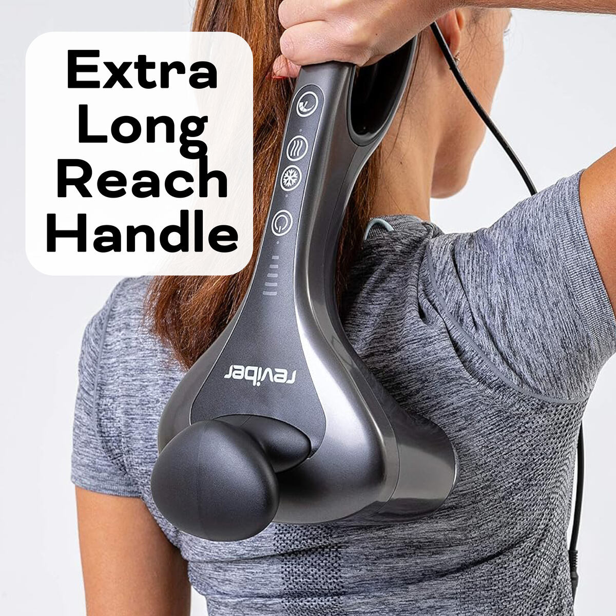 A woman uses the Reviber Hot and Cold Percussion Massager with an extra long reach handle on her upper back. Text overlay: “Extra Long Reach Handle” for effortless muscle relief.