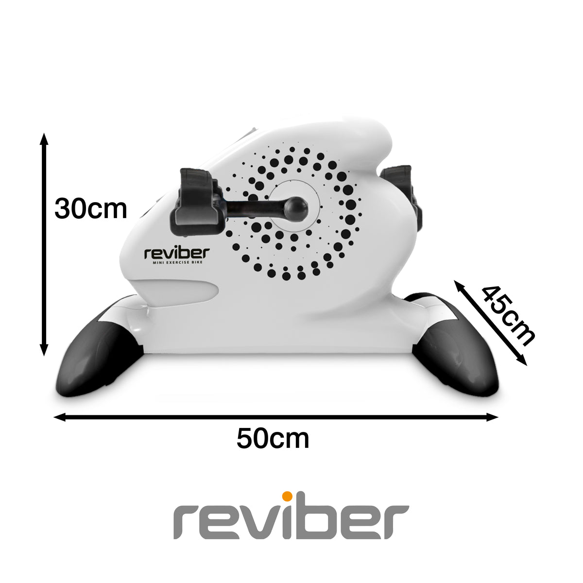 The compact Reviber Mini Motorised Exercise Bike, in white with black foot pedals, is ideal for low-impact rehabilitation. Measures 30cm tall, 50cm long, and 45cm wide. Features the Reviber brand logo on the bike and below.