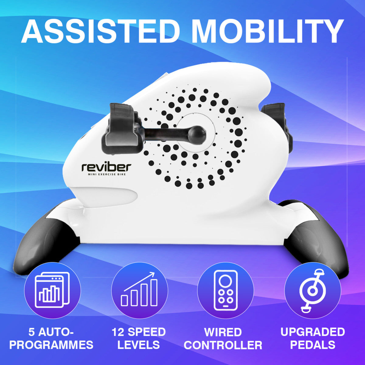 A white Reviber Mini Motorised Exercise Bike by Reviber is displayed on a blue and purple background, featuring 5 auto-programmes, 12 speed levels, a wired controller, and upgraded pedals for low-impact rehabilitation.